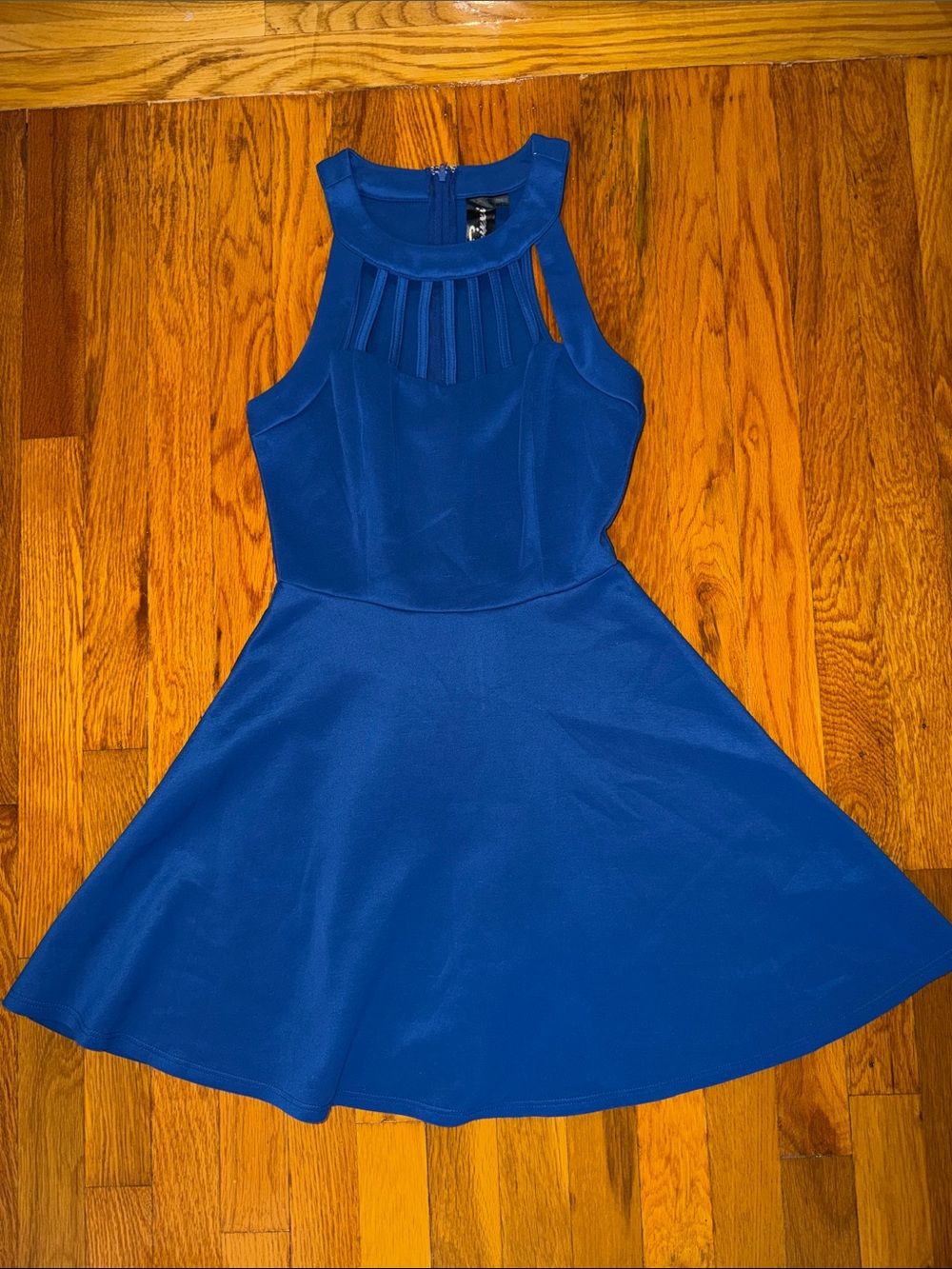 Trixxi Royal Blue Sleeveless Pleated-Yoke Skater Mini Dress